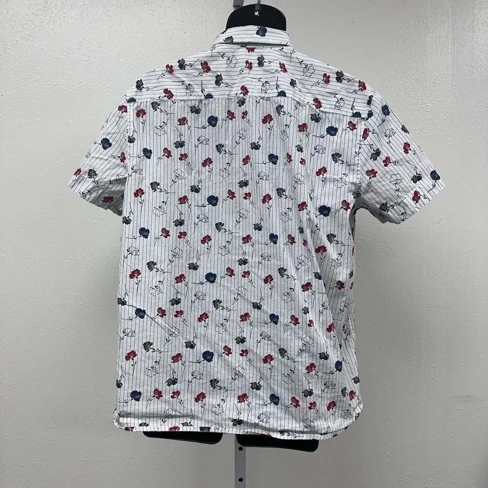 Perry Ellis 100% Cotton‎ White with Floral Pattern Shirt Sleeve Shirt Size Large